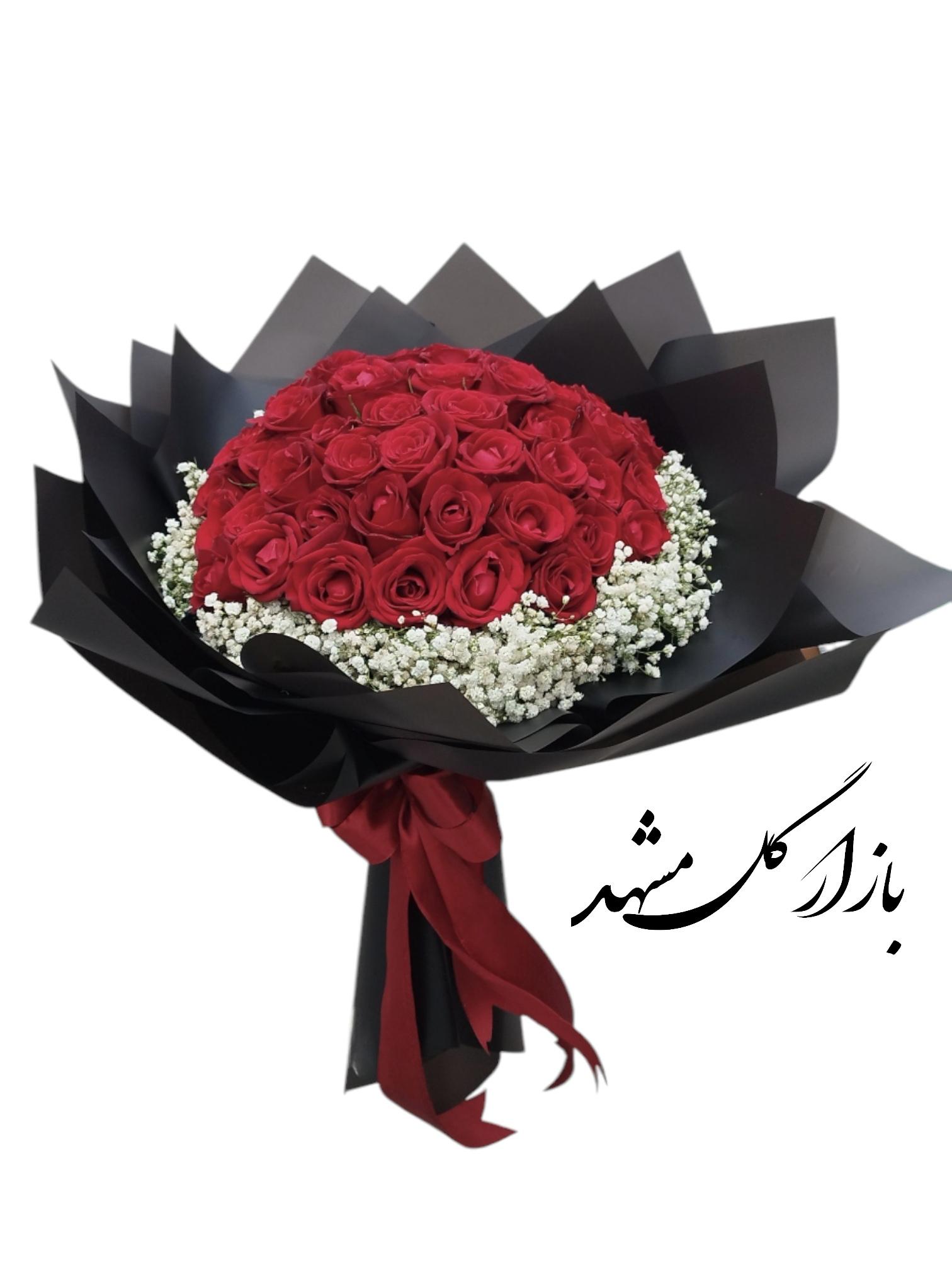 دسته گل 60 شاخه رز ژیپسوفیلا بازار گل مشهد