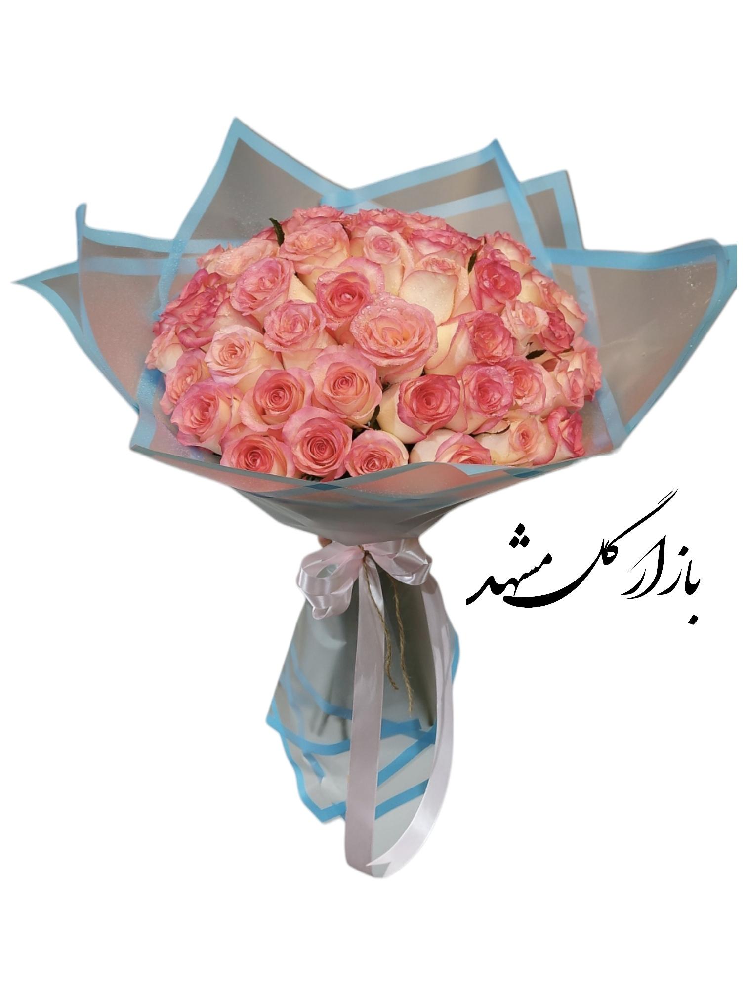 دسته گل 50 شاخه رز هلندی صورتی بازار گل مشهد