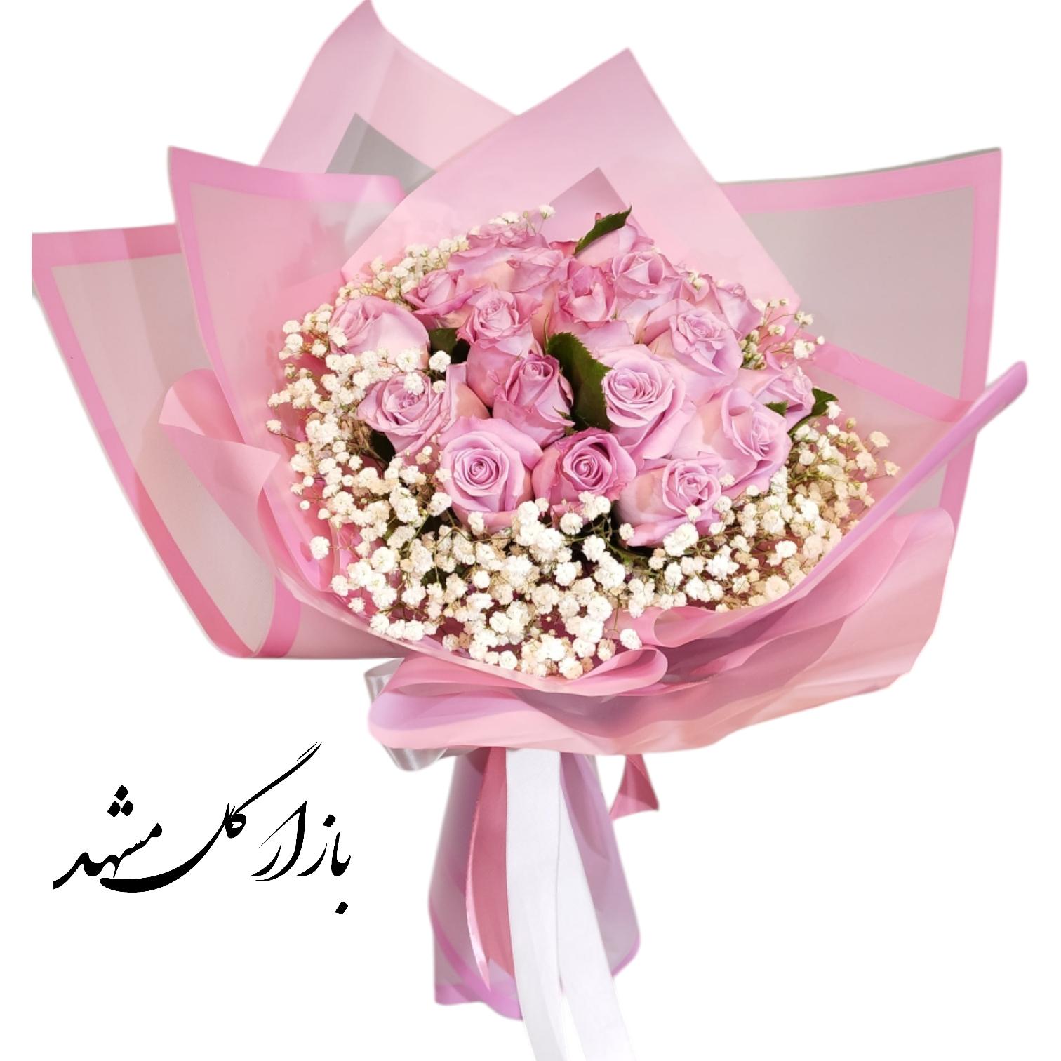دسته گل رز هلندی به همراه دورچین ژیپسوفیلا بازار گل مشهد