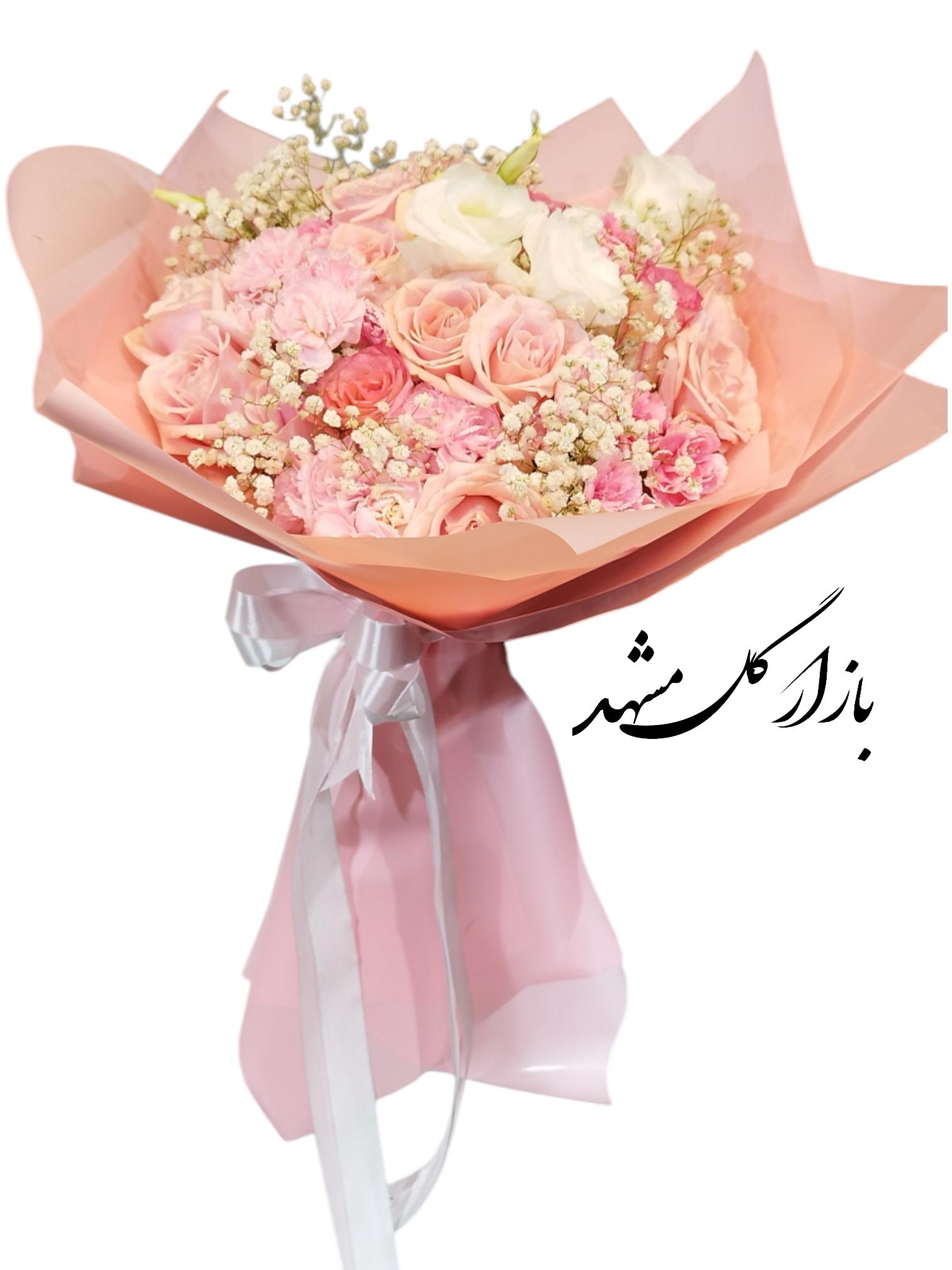 دسته گل رز لیسین ژیپسوفیلا میخک بازار گل مشهد